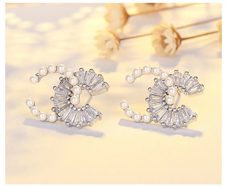 Pearl & Rhinestone C is for Chris Earrings
