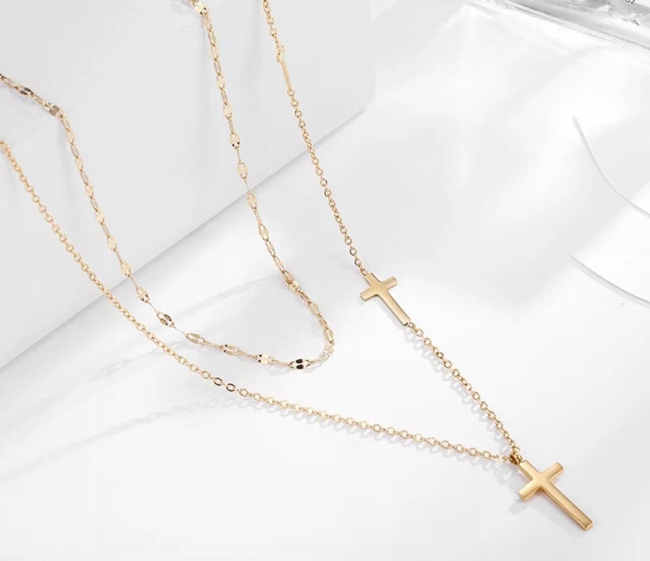 Double Chain Cross Gold Necklace