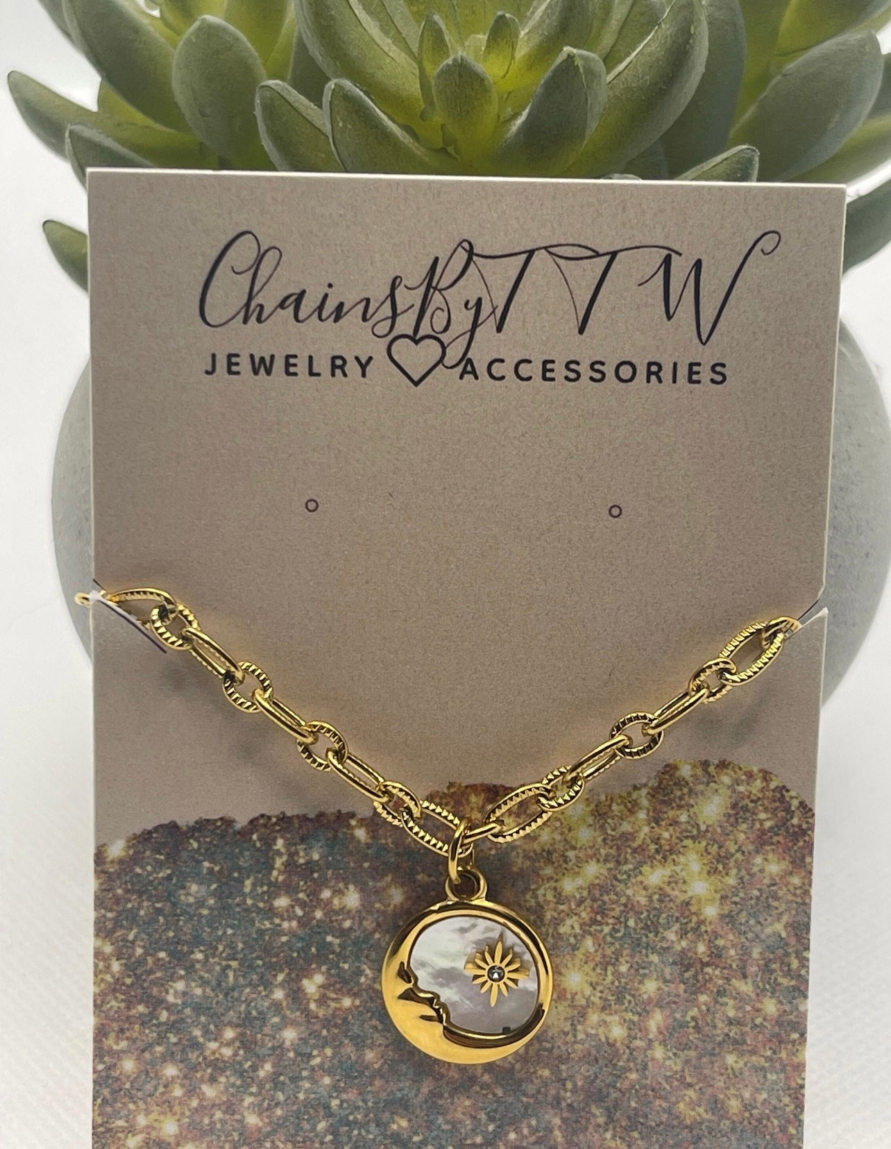 Gold Chain Moon Necklace with Mother of Pear Accents