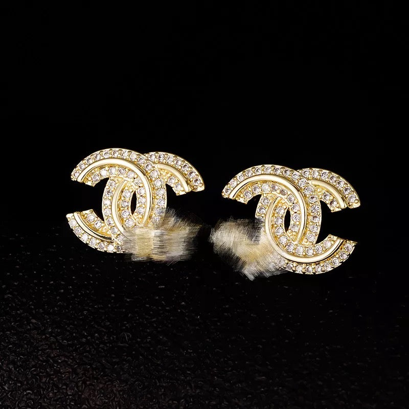 Outline Double C Rhinestone Earrings, Gold or Silver
