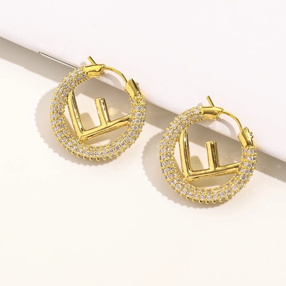 Rhinestone F is for Fashion, Gold Hoop Earrings