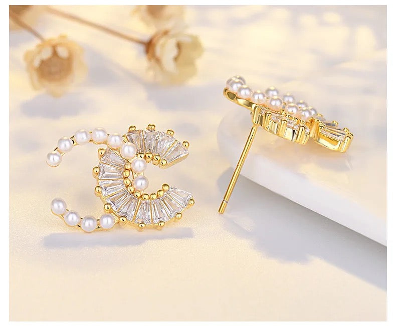 Pearl & Rhinestone C is for Chris Earrings