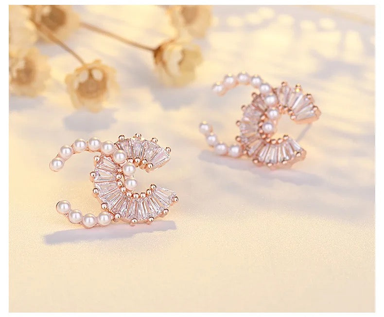 Pearl & Rhinestone C is for Chris Earrings