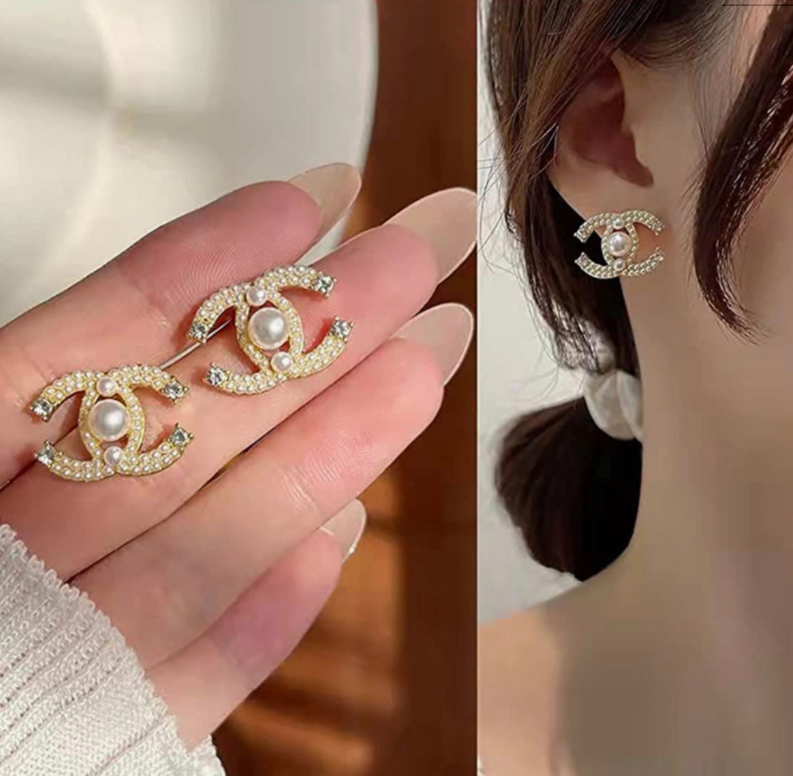 Double Classy Pearl and Rhinestone Studs