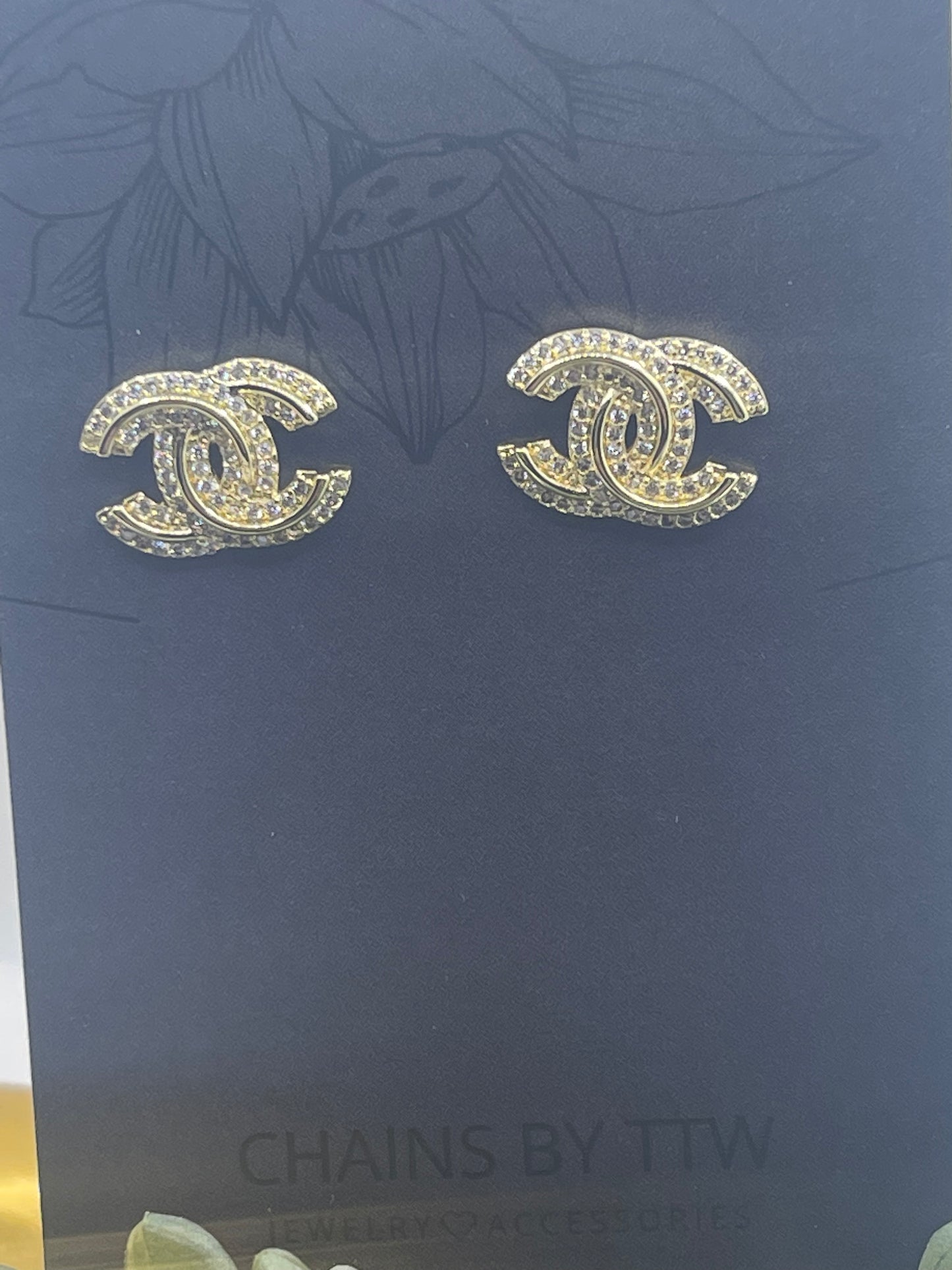Outline Double C Rhinestone Earrings, Gold or Silver