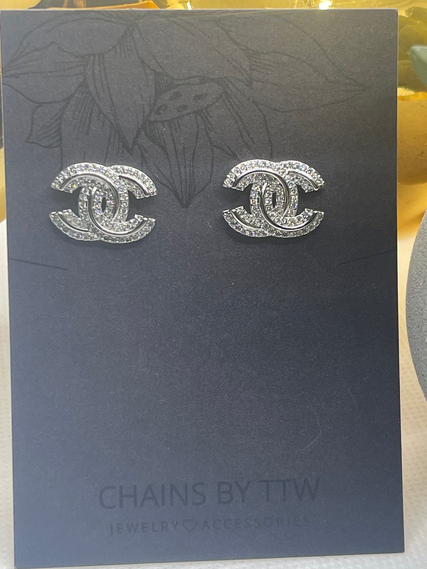 Outline Double C Rhinestone Earrings, Gold or Silver