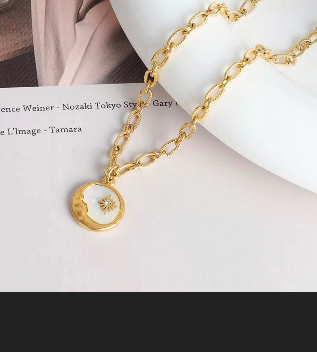 Gold Chain Moon Necklace with Mother of Pear Accents